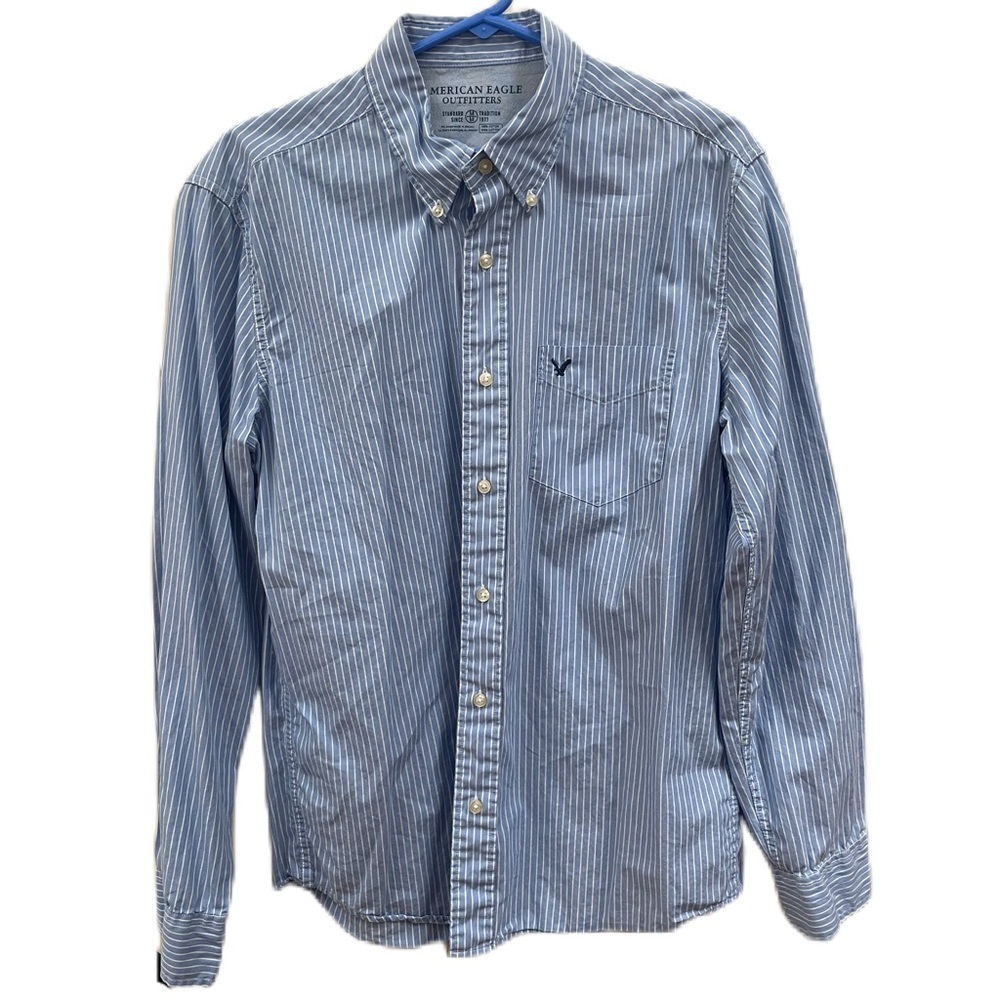 Men’s American Eagle Collared Button Down Blue Striped Shirt Medium